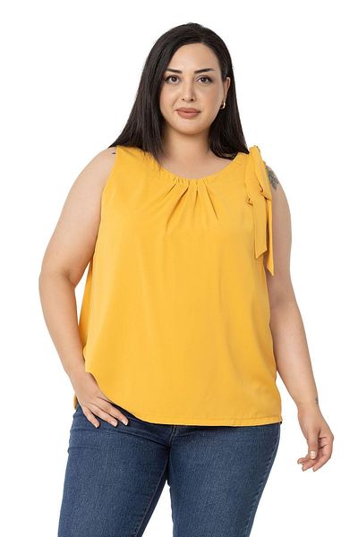 DISENTIS MODEST Plus Size Sleeveless Mustard Blouse with Pleated Collar and Ribbon Detail on the Shoulder