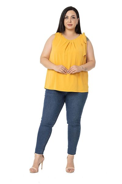 DISENTIS MODEST Plus Size Sleeveless Mustard Blouse with Pleated Collar and Ribbon Detail on the Shoulder