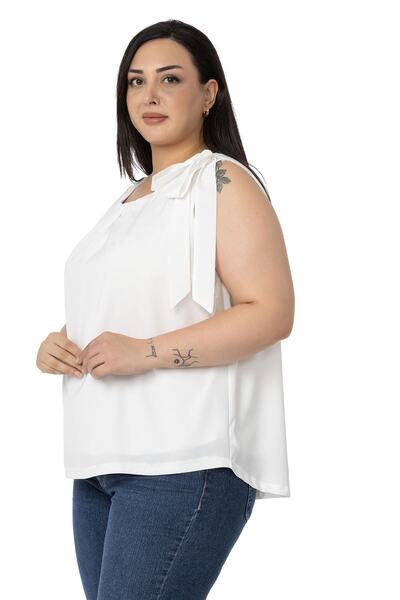 DISENTIS MODEST Άσπρη αμάνικη μπλούζα με πλισέ γιακά και λεπτομέρεια κορδέλας στον ώμο