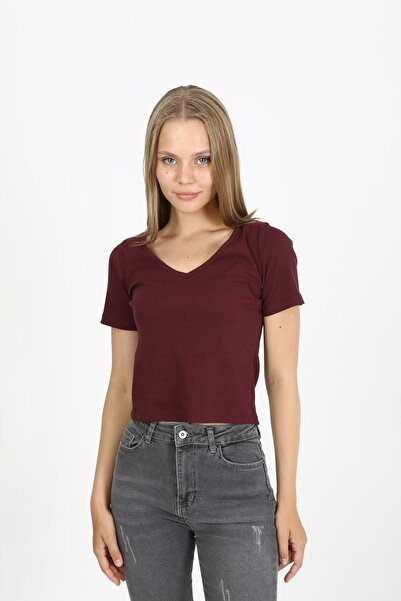 EDSA Bordo V Yaka Kısa Kollu Kaşkorse Basic Kadın T-shirt