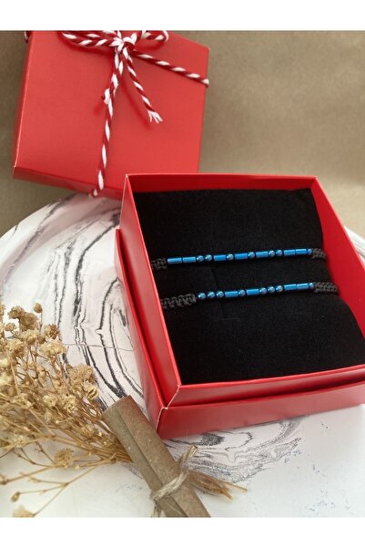 AidaAstrid Hematit 2'li Doğal Parlak Mavi Mors Alfabesi Bileklik Çift Sevgili Bileklik Örgü Hediye Kutulu