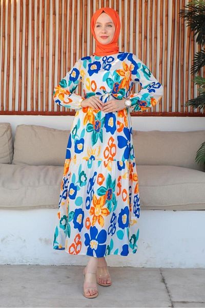 benguen 450 Patterned Hijab Dress Saks Blue
