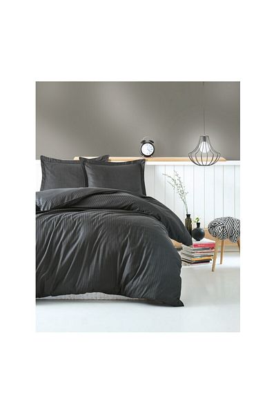 Cotton Box Anthracite Double Duvet Cover Set - Elegant Stripe Satin