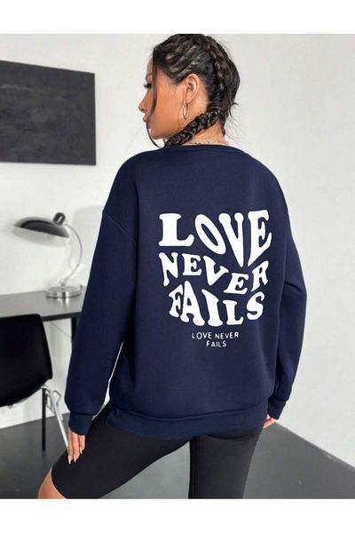 My Blog Navy Blue Oversize Love Never Fails Printed Sweatshirt