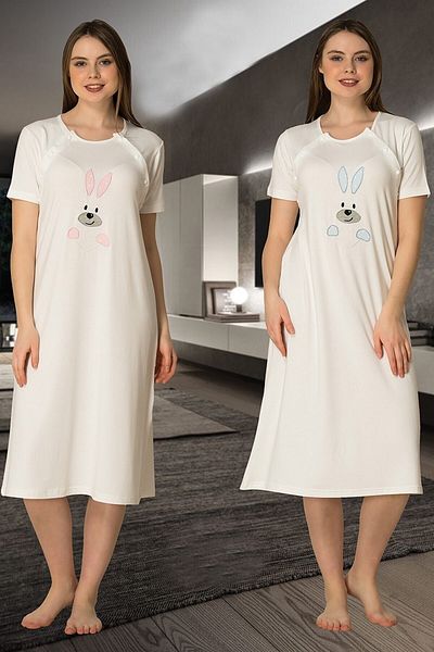 BLACKMORE Women's Blue Maternity Maternity Rabbit Patterned Nightie with Breastfeeding Features