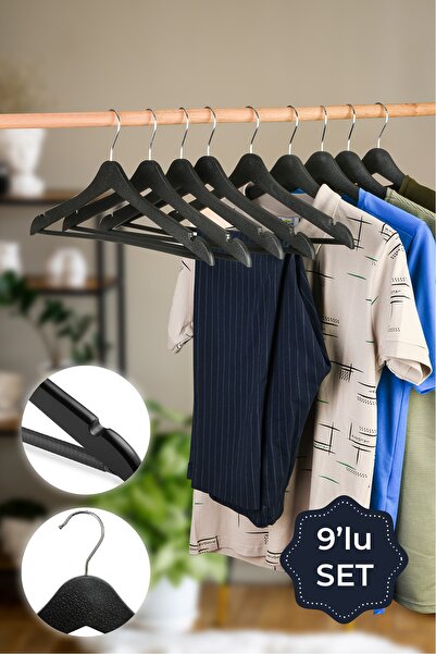 Vienev 9 Adet Elbise Pantolon Gömlek Bluz Aksesuar Askısı Ahşap Görünümlü Siyah