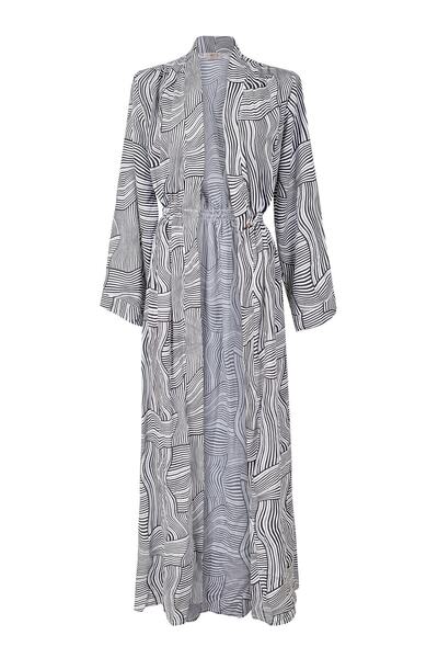 NEFS Design Siyah Beyaz Asimetrik Desenli Viskon Kimono Kaftan Sabahlık