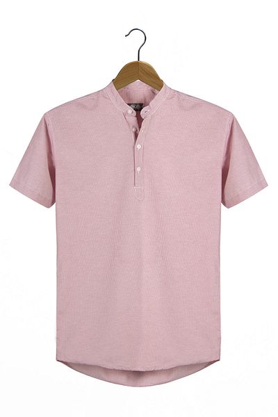 Terapi Men Men's Red Stand Collar Half Placket Sheer Striped Short Sleeve Slim Fit Shirt