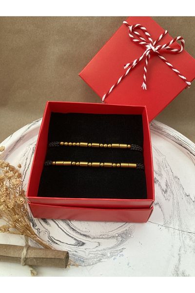 AidaAstrid Hematite 2-Piece Natural Shiny Gold Morse Alphabet Bracelet Couple Lover Bracelet Braid Gift Boxed