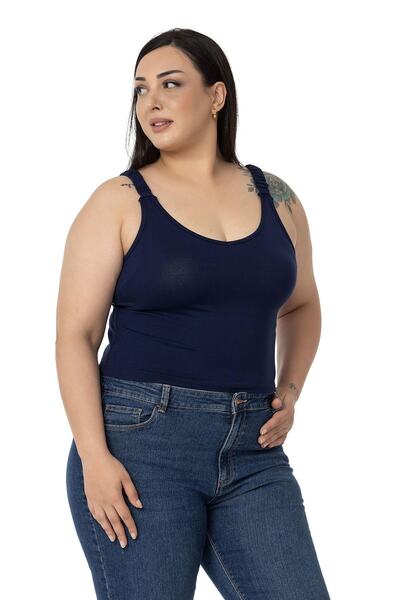 DISENTIS MODEST Plus Size Straps Gathered Draped Crop Navy Blue Body