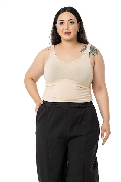DISENTIS MODEST Plus Size Straps Gathered Draped Crop Beige Body