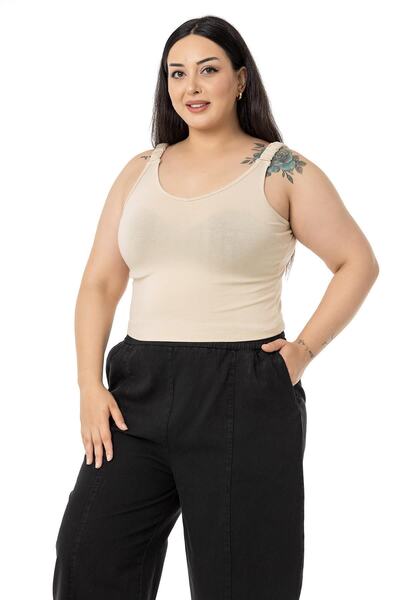 DISENTIS MODEST Plus Size Straps Gathered Draped Crop Beige Body