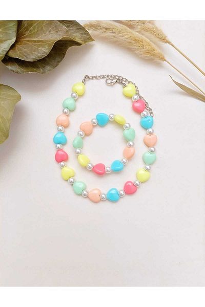 REN AKSESUAR Girl's Heart Pearl Necklace Bracelet Set