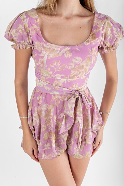 Bak Moda Çiçek Desenli Sırt Dekolteli Garneli Şortlu Pembe Mini Elbise