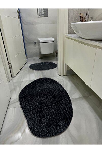 vescarpet station Laser Cut Plush 2-Piece Beany Anthracite Bath Mat Set