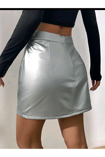 charango γυναικεία ασύμμετρη τυλιγμένη γυαλιστερή ασημί σχεδίαση λαμέ μίνι ψηλόμεση φούστα