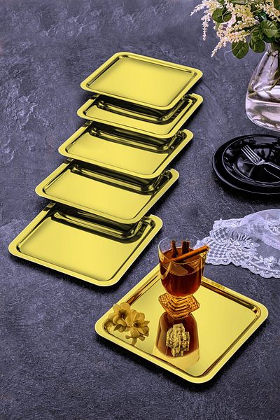 ÖzSa Home 6-Piece Gold Luxury Square Stainless Steel Coffee Tea Catering and Presentation Tray Gold Color 21x21cm