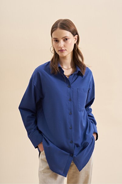 EBU Prive Kadın Organik Pamuklu Oversize Gömlek Saks