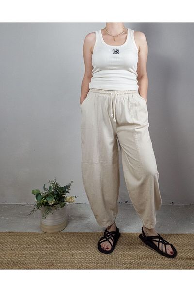Muaz Women's Stone Color Linen Shalwar Trousers