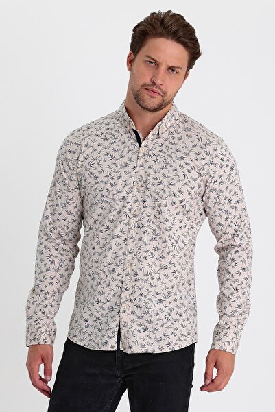 MİRMARONİ Ανδρικό πουκάμισο με στάμπα με μπεζ-μπλε μπλέ λεπτή εφαρμογή 100% βαμβακερό πέτο με κουμπιά