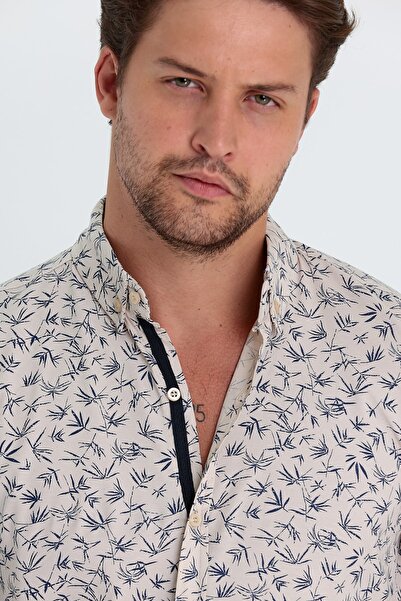 MİRMARONİ Ανδρικό πουκάμισο με στάμπα με μπεζ-μπλε μπλέ λεπτή εφαρμογή 100% βαμβακερό πέτο με κουμπιά