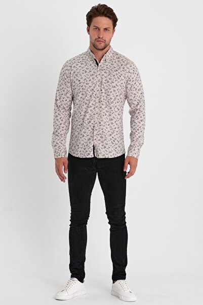 MİRMARONİ Ανδρικό πουκάμισο με στάμπα με μπεζ-μπλε μπλέ λεπτή εφαρμογή 100% βαμβακερό πέτο με κουμπιά