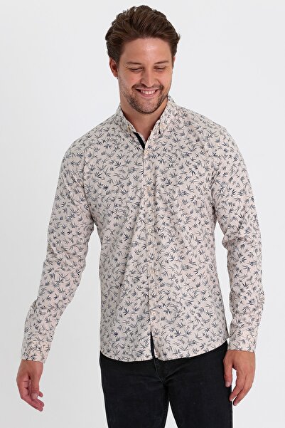 MİRMARONİ Ανδρικό πουκάμισο με στάμπα με μπεζ-μπλε μπλέ λεπτή εφαρμογή 100% βαμβακερό πέτο με κουμπιά