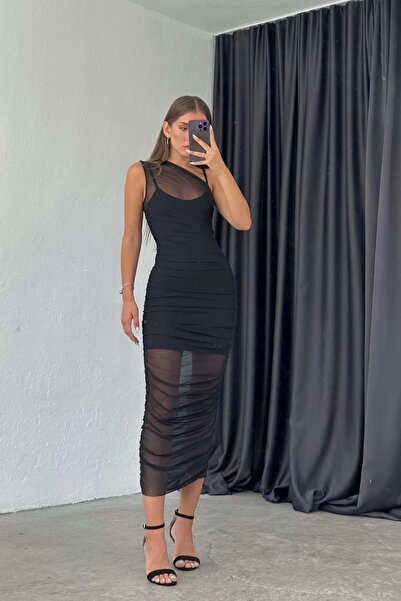 Eka Γυναικείο Μακρύ Φόρεμα Λεπτομέρειας Μαύρο Τούλι 1032-2003