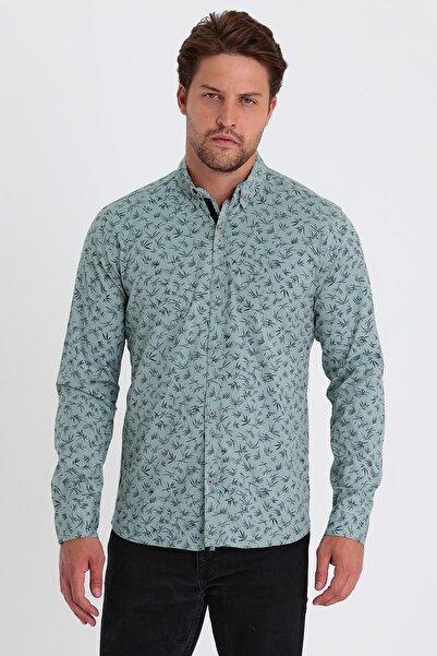 MİRMARONİ Men's Green-Navy Blue Slim Fit Slim Fit 100% Cotton Button Collar P...