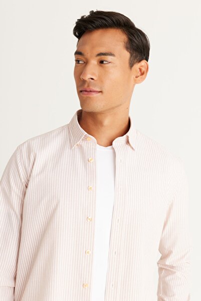 ALTINYILDIZ CLASSICS Ανδρικό Λευκό-Πορτοκαλί Slim Fit Slim Fit Κρυφό γιακά Βαμβακερό ριγέ πουκάμισο