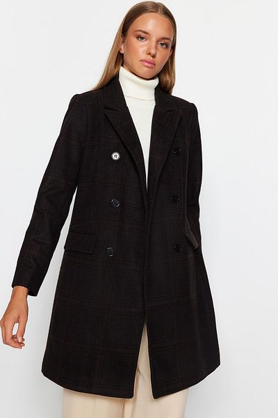 Trendyol Collection Brown Oversize Wide Cut Plaid Patterned Long Stamp Coat TWOAW24KB00098