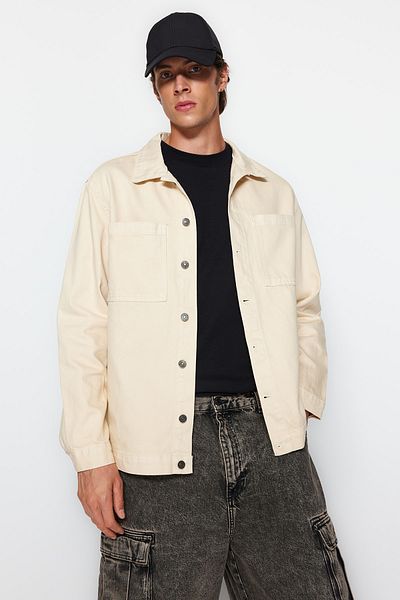 Trendyol Collection Beige 100% Cotton Regular Fit Double Pocket Denim Jacket Tmnaw23Ce00013