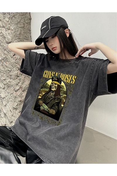 Touz تي شيرت كلاسيكي كبير الحجم للجنسين مطبوع عليه Guns N 'Roses Was Here وقابل للغسل