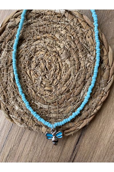 Stoneday Turquoise Bee Figured Silver Detailed White Turquoise Sand Bead Necklace