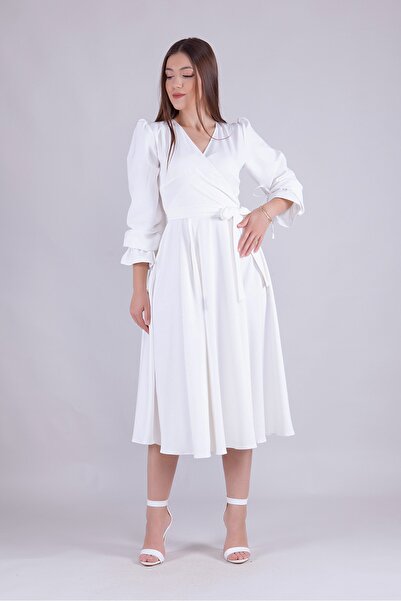 modastation Double-breasted Collar Long Sleeve White Dress