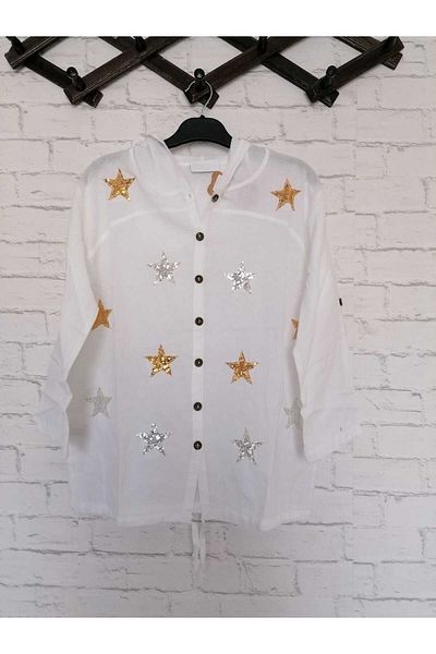 anne moda ankara Strălucire cu glugă, imprimeu cu stele, șase șireturi, jachetă/cardigan sport cu mâneci trei sferturi