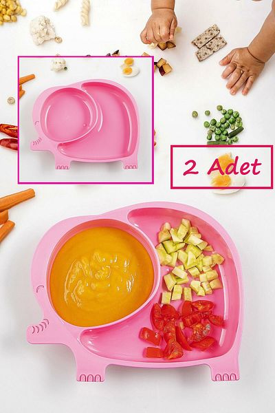 Bayev 2-Piece Elephant Model Compartmented Food Plate - Pink ( 2 Pieces ) Baby and Child Compartmented Dinner Plate