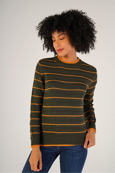 Trist Star Khaki Women's Linxli Openwork Striped Crew Neck 100% Cotton Sweater