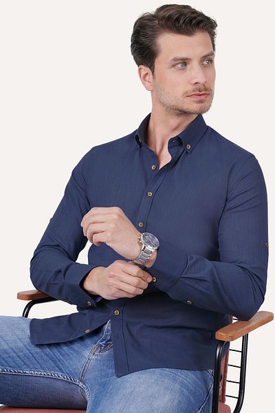 Etikmen Ανδρικό πουκάμισο Indigo Collar Buttoned Linen Slimfit Gift Boxed