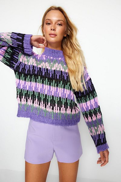 Trendyol Collection Vastag állógallér - Lila Crop kötöttáru pulóver puha textúrával TWOAW24KZ00688