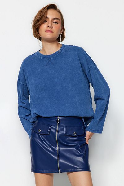 Trendyol Collection Indigo Starožitný/Vybledlý Efekt Uvolněný/Pohodlný střih Pletené tričko s dlouhým rukávem a dlouhým rukávem TWOAW24TS00006