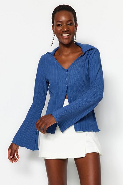 Trendyol Collection Indigo Pleated and Buttoned Flare/Spanish Sleeve Knitted Shirt TWOSS23GO00165