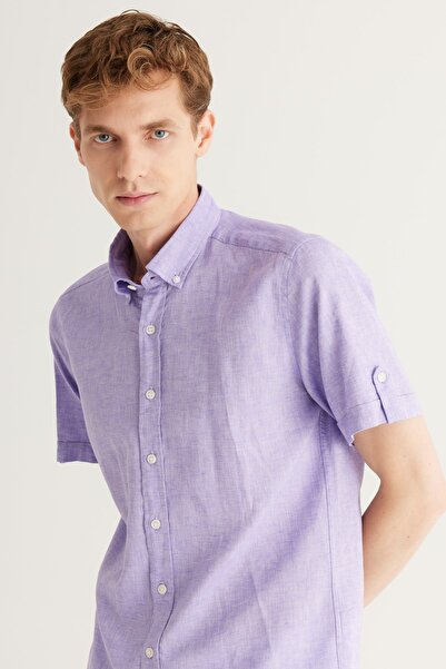 AC&Co / Altınyıldız Classics Ανδρικό Λιλά Λινό - Πουκάμισο με κουμπιά γιακά