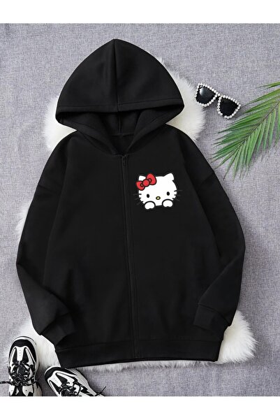 MECH BUTİK Hanorac cardigan negru cu fermoar Hello Kitty Hanorac cu glugă cu ...
