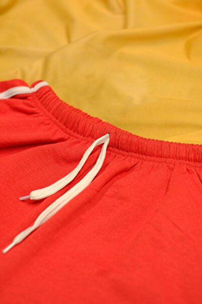 DAXİS Sportwear Company 2'li Gri Kırmızı Renkli Beyaz Biyeli Penye Yırtmaçlı Ipli Mini Şort DAXİS Sportwear Company