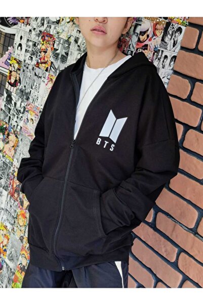 MECH BUTİK Cardigan cu glugă și fermoar supradimensionat negru cu imprimeu Bts