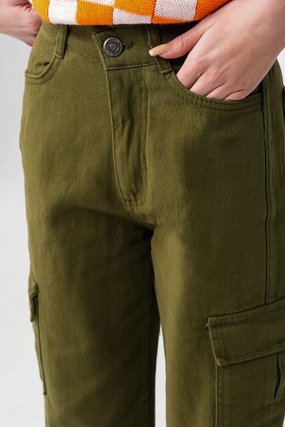 Trn JNS Khaki Cargo Loose Back Pocketless Lycra Super High Waist Jean Trousers