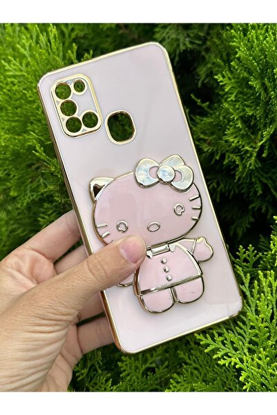 Aksesuarda Moda Samsung A21s Uyumlu Hello Kitty Stand Aparatlı Lazer Kesim Kılıf