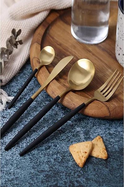 Demir Çeyiz DEMİR ÇEYIZ Dmr Life Elite MAT 72 Pieces Black Gold Spoon Fork Set