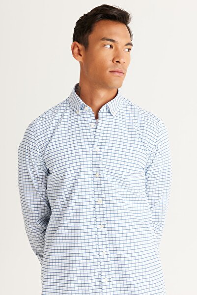 AC&Co / Altınyıldız Classics Men's Navy Blue Slim Fit Slim Fit Button Collar 100% Cotton Checked Shirt